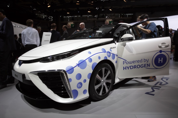 The Toyota Mirai, an hydrogen fuel cell vehicle, is displayed at the Paris Auto Show in Paris, France, Thursday, Sept. 29, 2016. The Paris Auto Show will open its gates to the public from Oct. 1st to 16th. (AP Photo/Christophe Ena)